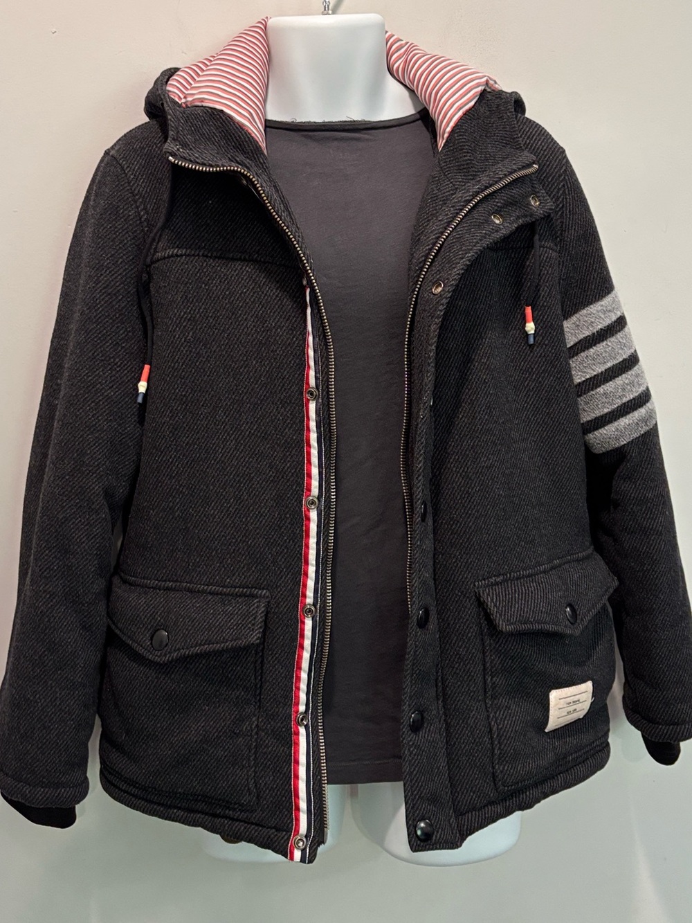 Thom Browne 4-Bar Charcoal Wool Hooded Jacket Grey Size 4 L/XL - Picture 4 of 16